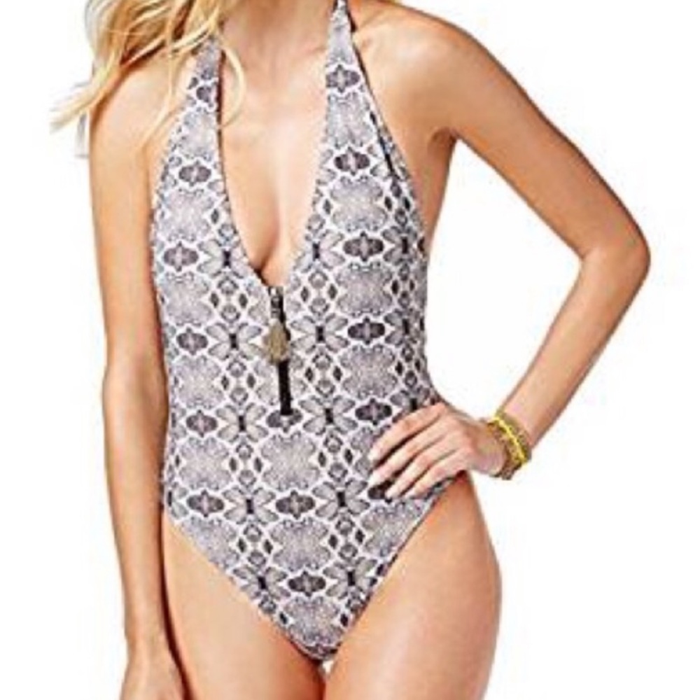 Rachel Roy NWT v plunge neck zip front swim suit